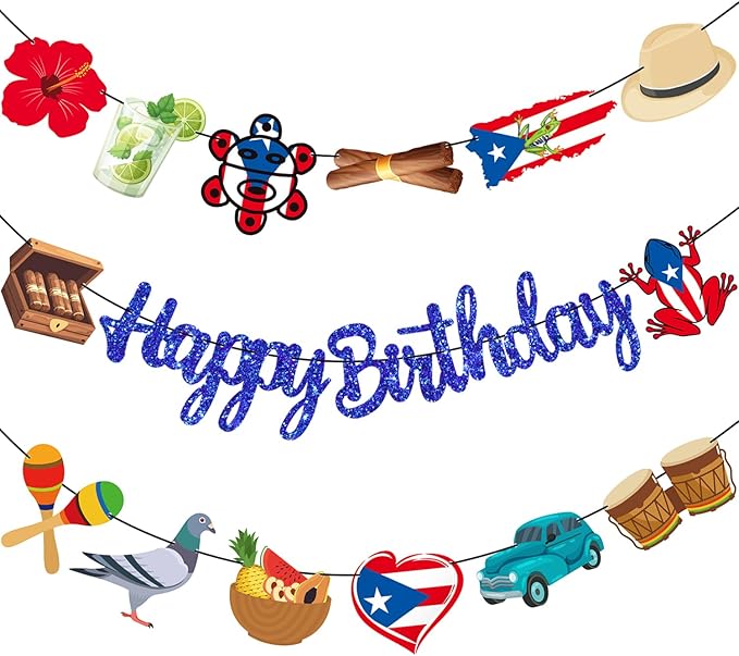 Puerto Rico Party Supplies Puerto Rican Birthday Banners Glitter Blue Puerto Rican Themed Decorations 3PCS Puerto Rican Flag Banners for Patriotic Anniversary Veterans Day Decor