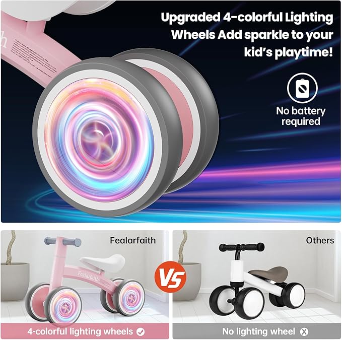 Baby Balance Bike for 1 Year Old Boys Girls, Toddler First Bike with 4 Colorful Lighting Wheels | 10-36 Month Toddler Balance Bike | First Birthday Gifts (Baby Pink)