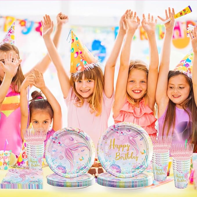 120Pcs Mermaid Birthday Party Plates Under the Sea Ocean Paper Disposable Tableware Set for Girls Kids Birthday Party Decorations Serve 24