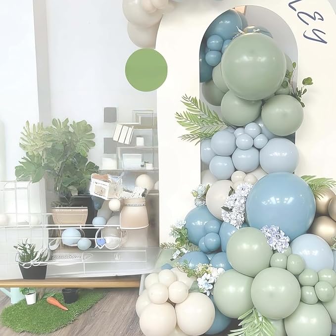 Dusty Sage Green Blue Balloons, Muted Slate Blue Green Gold Balloon, 12 Inch Olive Green Cream White and Gold Balloon for Woodland One Silly Goose Lucky Birthday Decor Baby Bridal Shower Decorations