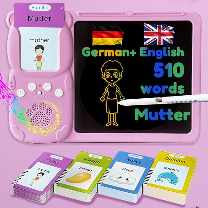 Drawing Tablet with Bilingual Flashcards for Kids - German English Talking Flash Cards, LCD Writing Pad Board, Pocket Speech for Toddlers, Learning Toy Gift for Boys Girls (German, Pink)