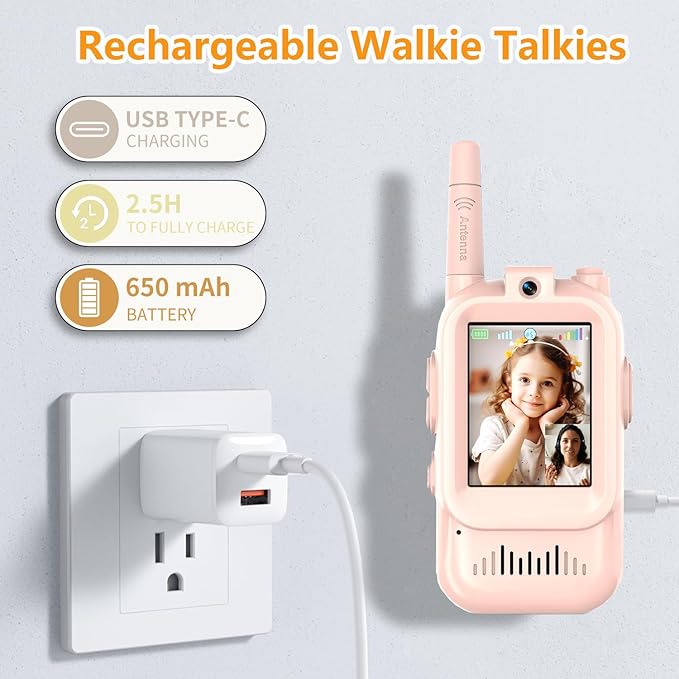 Video Walkie Talkies for Kids, Handheld 2 Pack Rechargeable Kids Video walkie talkies,Long Range Ideal for Family Games, Outside, Camping, Hiking (Pink)