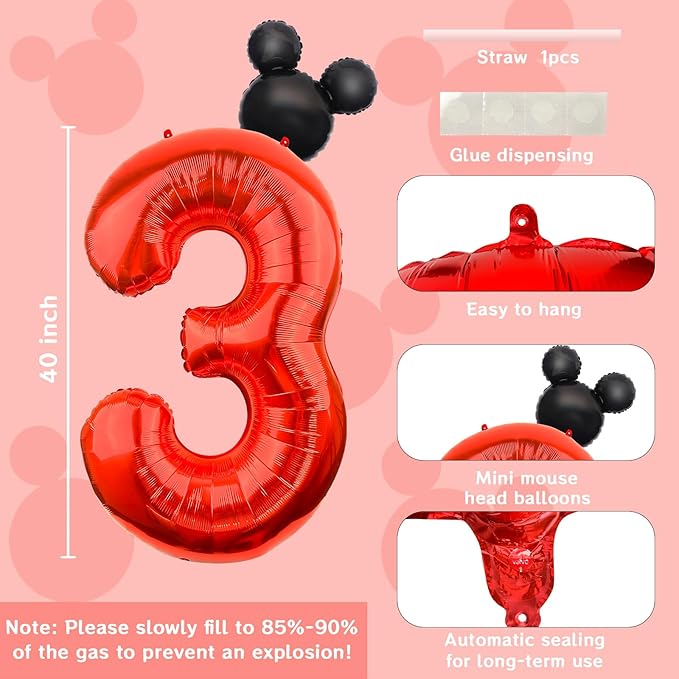 Mouse Number 3 Balloon 40 Inch Red Number 3 Balloon Mini Mouse Head Balloons for 3rd Birthday Party, Black Red Large Numeral Foil Balloons for Baby Shower Anniversary Supplies Decorations