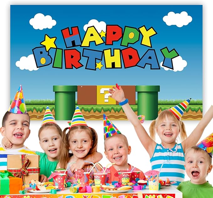 Super Bros Happy Birthday Party Backdrop, Baby Shower Cake Table Decoration Supplies, Super Bros Themed Banner (5X3FT)
