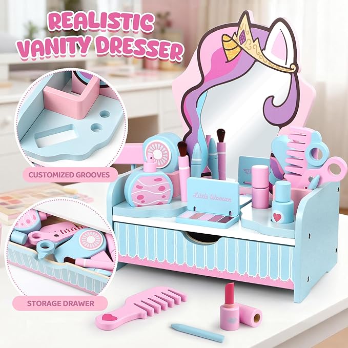Atoylink Wooden Makeup Vanity Set for Girls, Unicorn Pretend Play Kids Table Toys with Mirror, Drawer, Hair Salon Set & Makeup Accessories, Gift About Princess Dress Up for Toddlers Aged 3, 4, 5-8