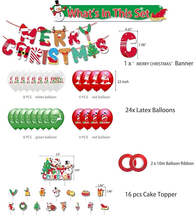 43Pcs Christmas Party Decorations Snowman Santa Claus Party Supplies 1 Pcs Merry Christmas Banner 24Pcs Red Green Balloons 2Pcs Ribbons and 16 Pcs Cupcake Toppers for Party Indoors Decor