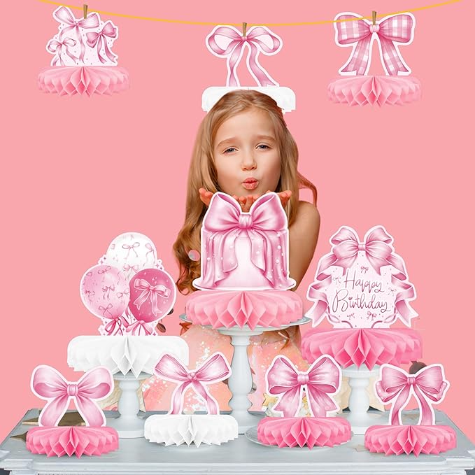 Pink Bow Birthday Decorations Set - Bow Party Decorations with Honeycomb Centerpieces & Table Centerpieces for Splendid Pink Bow Themed Party Supplies