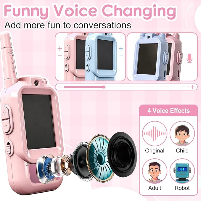 Video Walkie Talkies for Kids, 2 Pack Rechargeable Walkie Talkies with Screen,Long Range 2 Way Radio with 4 Voice Effects, Outdoor Adventure Camping Hiking, Birthday with Pink Blue Design