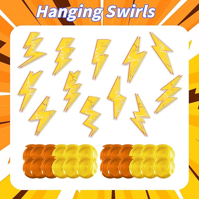 24 Pieces Lightning Hanging Swirls Flash Weather Streamers Gold Lightning Hanging Decorations Ceiling Swirls for Yellow Lightning Birthday Party Decorations Party Supplies Baby Showers Decorations
