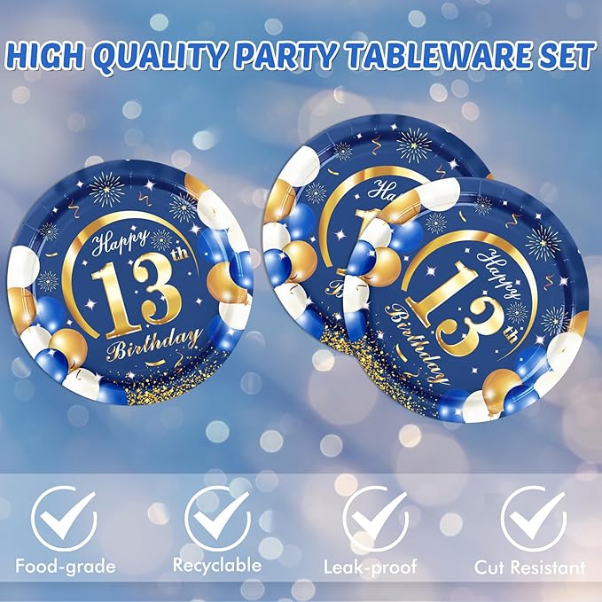 Happy Birthday Decorations for Boys13 Year Old Party Decorations Disposable Tableware Include 13th Birthday Plates and Napkins for Official Teenager 13th Birthday Party