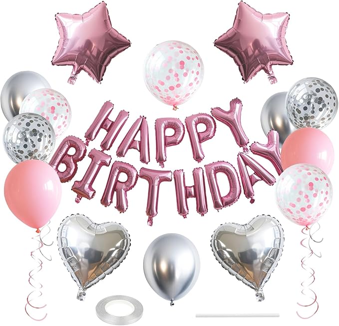 27 Pcs Pink Silver Birthday Decorations, 3D Letters Pink Happy Birthday Balloon Banner, Pentagram Heart Foil Balloons Confetti Balloons Kit For Boys Girls Party Supplies