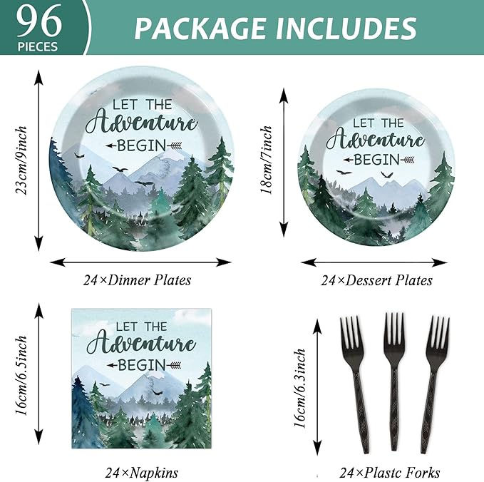 Adventure Awaits Baby Shower Tableware Let The Adventure Begin Plates Pine Tree Mountain Wilderness Dinnerware Disposable Paper Dinnerware For Baby Shower Birthday Party Decor Supplies 24 Guests