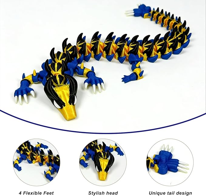 3D Printed Dragon,3D Printed Dragon Model,Flexible Articulated 3D Dragon Fidget Model,Unique 3D Printed Animals Gift and Desktop Decoration (Gold & Black-10 inch).