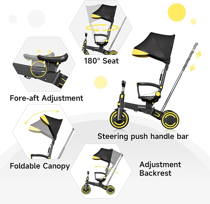 WinHope 9-in-1 Push Tricycle for Toddlers 1-3 Years, Convertible Kids Trike with Push Handle & Safety Belt, One-Client Foldable Design + Storage Basket, Birthday Gift and Toy for Boys and Girls(Black)