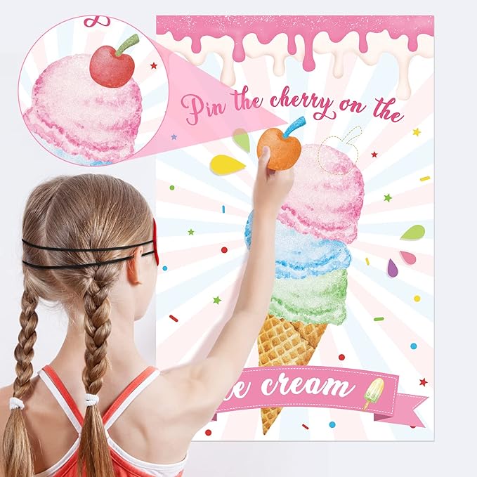 Hooqict Pin The Cherry On The Ice Cream Game Birthday Party Games for Kids Ice Cream Theme Party Decorations Supplies for Girls, Large Ice Cream Poster with 36 Cherry Stickers Wall Decor