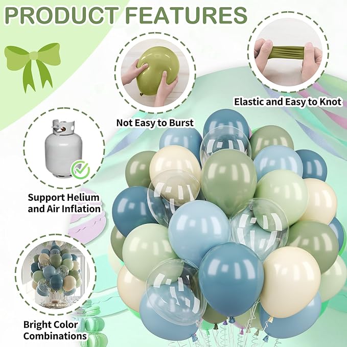 Sage Green and Blue Balloons, 50 Pcs 12 Inch Olive Green Dusty Blue Haze Beige White Transparent Party Balloons for Kids Baby Boy Shower Rabbit Boho Bridal Shower Wedding Birthday Party Decorations