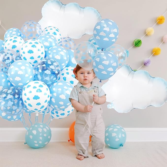 Cloud Balloons, 12 Inch White Blue Transparent Clouds Printed Latex Balloons with Cloud Foil Balloons for Sky Theme Birthday Party Baby Shower Wedding Decorations