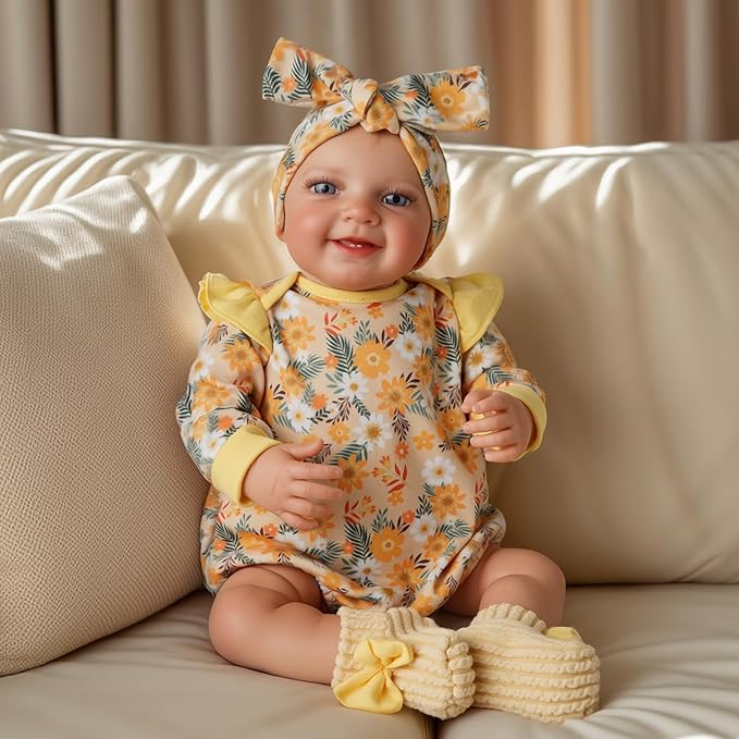 BABESIDE 3 Pcs Reborn Baby Doll Clothes for 17-22 Inch Babydolls, Floral Pattern Babydoll Clothes with Shoes and Headband for Lifelike Reborn Baby Dolls Accessories, Yellow