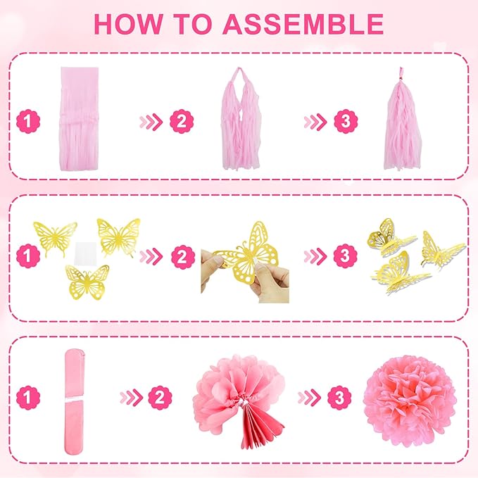 Pink Birthday Party Decorations for Women Girls, Foil Confetti Rose Gold Hot Pink Balloons Happy Birthday Banner Fringe Curtains Butterfly Decor Circle Dots Tassels Pompoms Mothers Day Party Supplies