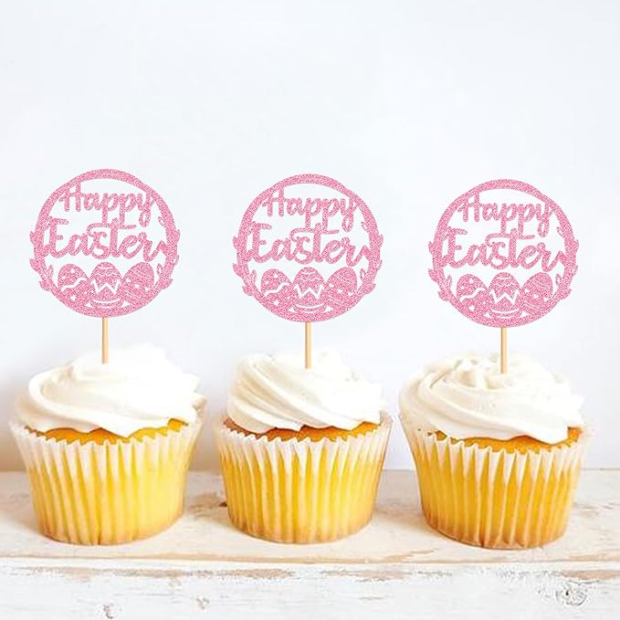 Ercadio 24Pcs Happy Easter Cupcake Toppers Glitter Pink Happy Easter Eggs Cupcake Picks for Easter Day Theme Baby Shower Easter Birthday Wedding Anniversary Party Cupcake Decorations