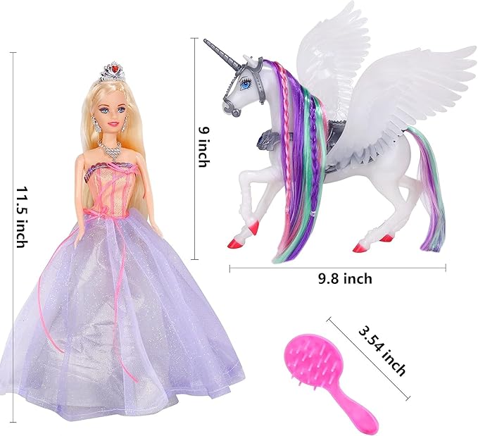 BETTINA Princess Doll with Color Changing Unicorn Toys, Unicorn Changes Color Under Sunshine, 11.5 Inch Doll with Princess Dress&Acessories, Xmas Birthday Toys Gifts for Girls 3-12