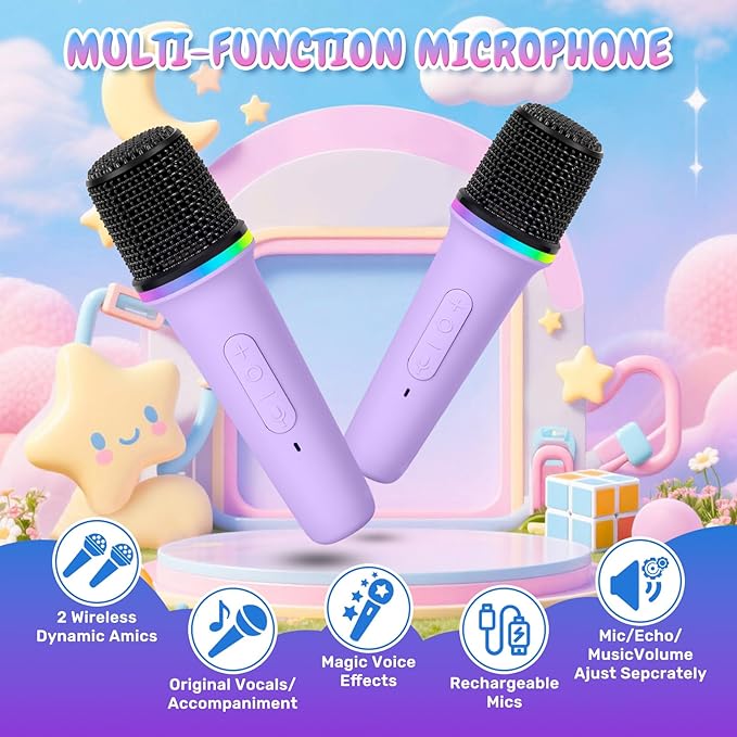 Mini Karaoke Machine with 2 Wireless Microphones, Portable Bluetooth Speaker for Kids & Adults, Ideal Birthday for Girls Boys Ages 3-12, Home Party Travel Entertainment Toy (Purple)