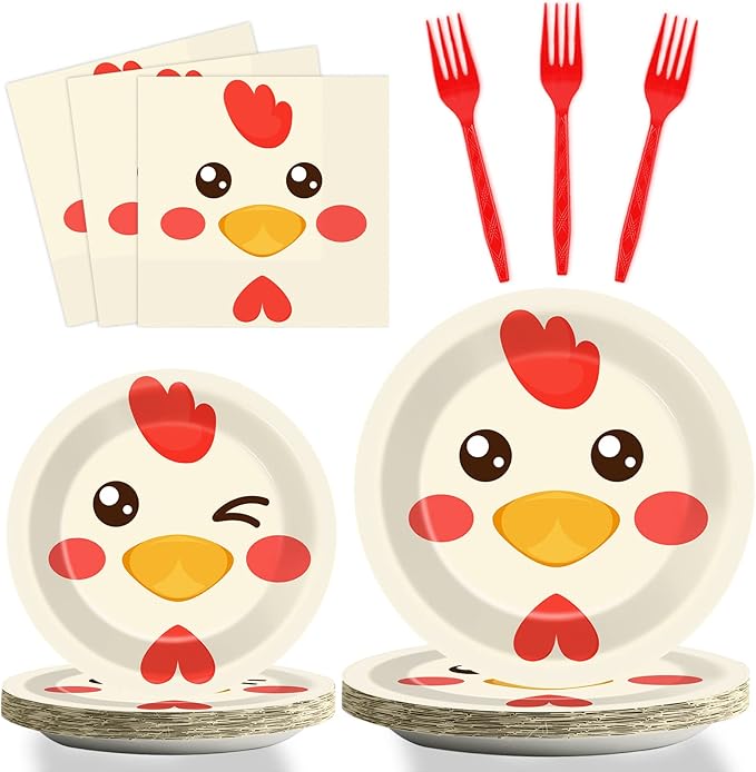 gisgfim 96 Pcs Chicken Birthday Party Supplies Paper Plates Napkins Chicken Themed Party Birthday Decorations Favors for Kids Serves 24