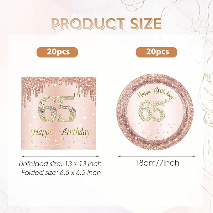 65th Birthday Decorations for Women Rose Gold 65th Birthday Party Paper Plates and Napkins 65 Years Old Table Decorations Happy Sixty-five Years Old Tableware for Woman Vintage 1961 65 Years Party