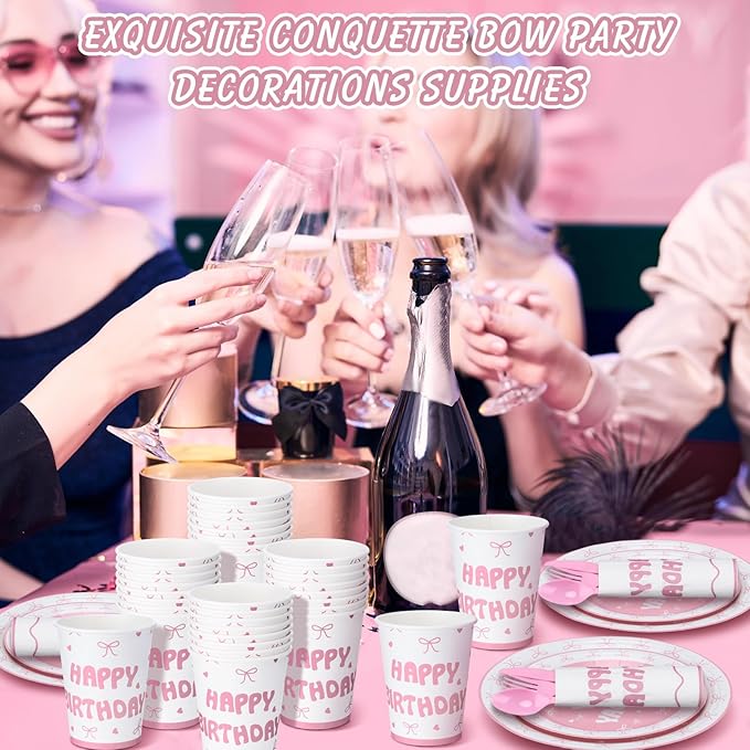 168 Pcs Coquette Birthday Decorations Wedding Spring Pink Bow Birthday Party Supplies Includes Pink Bow Napkins Plates Forks and Theme Tableware Party Supplies Decor
