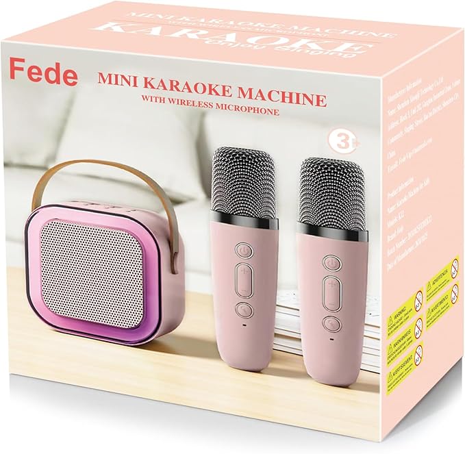 Fede Karaoke Machine for Kids Adults, Mini Karaoke Machine with 2 Wireless Microphones, Portable Bluetooth Speaker with Voice Changing Effects & LED Lights, Best Gifts Toys for Girls and Boys