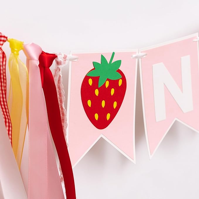 Strawberry First Birthday High Chair Banner - Berry Themed Party Decor, 1st Birthday Party Supplies For Baby Girls And Boys, Strawberry Themed Banner, Photo Props