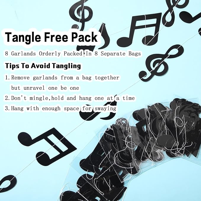 Cindeer 8 Pcs Music Notes Party Decorations Musical Birthday Hanging Decorations Music Notes Paper Garland Banner for 50s 80s Birthday Baby Shower Wedding Party Supplies Ceiling Decor(Black)