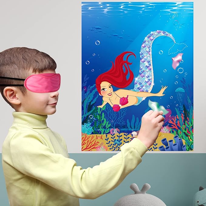 Morcheiong Pin The Tail on The Mermaid Birthday Party Game with 48pcs Tails for Kids Mermaid Birthday Supplies Decorations Favors