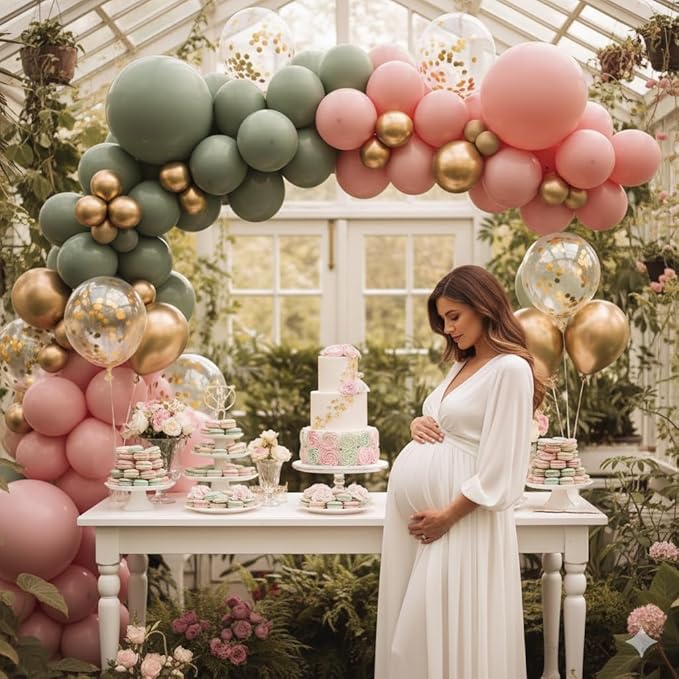 Sage Green and Dusty Pink Balloons, Retro Pink Muted Green White Gold Baby in Bloom Balloons for Girls Women Floral Fairy Wildflower Camping Birthday Woodland Baby Shower Garden Tea Party Decorations