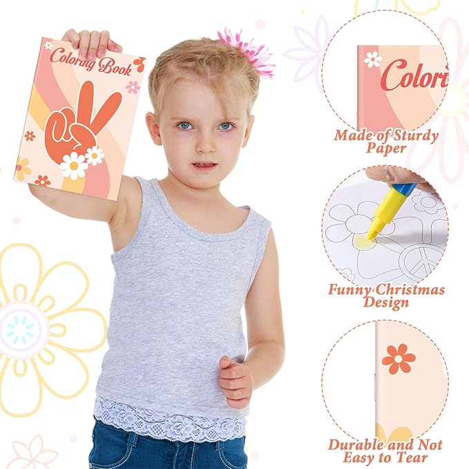 Honoson 24 Pcs Hippie Boho Coloring Books Kids Stay Groovy Drawing Book Peace Sign Mini Coloring Books Daisy Rainbow Hippie Bus Activity Book for Retro Boho Two Groovy Birthday Party Supplies Favors