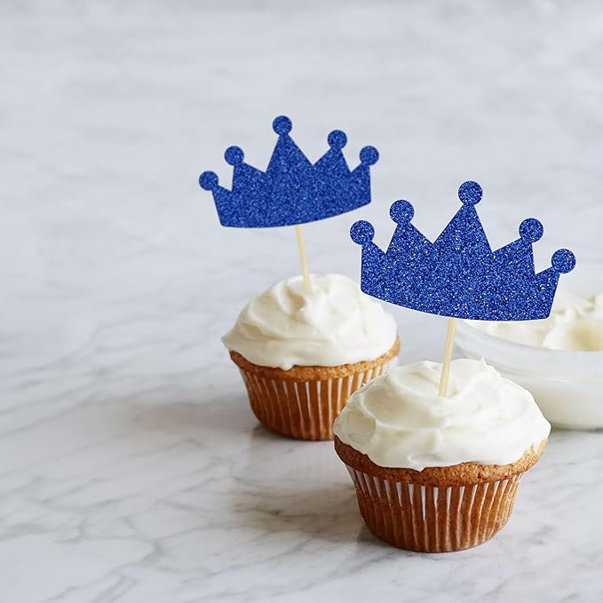 Ephlyn 24Pcs Crown Cupcake Toppers Glitter Queen Crown Cupcake Picks for Queen Princess Theme Baby Shower Girls Wedding Birthday Party Cake Decorations Supplies Dark Blue