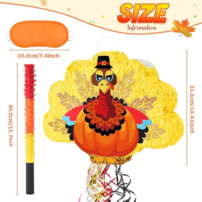 WERNNSAI Thanksgiving Turkey Piñata - Fall Autumn Decorations Gentle Turkey Piñata Orange Thanksgiving Party Games Autumn Decorations for Home Fall Festival Party Favors with Blindfold