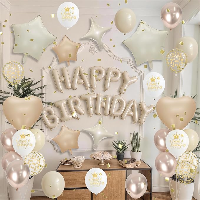 Boho Cream Beige Birthday Decorations for Women Neutral Nude Sand White Champagne Gold Print Balloons Gold Confetti Balloon Happy Birthday Banner Heart Balloons Star Balloon for Bday Party Supplies