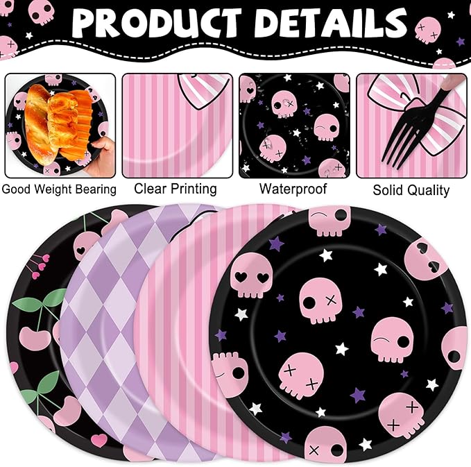 48PCS Kawaii Party Decorations 7" Cute Anime Paper Plates Animations Theme Supplies Cartoon Dessert Tableware Set Adorable Pink Purple Disposable Cake Plates for Kids Baby Shower Birthday Party Favor