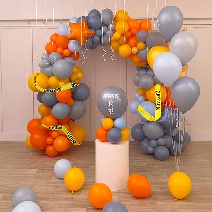 Construction Theme Balloons, 12 inch Orange Yellow Dusty Blue Latex Balloon for Construction Birthday Truck Excavator Theme Boys Transportation Party Supplies