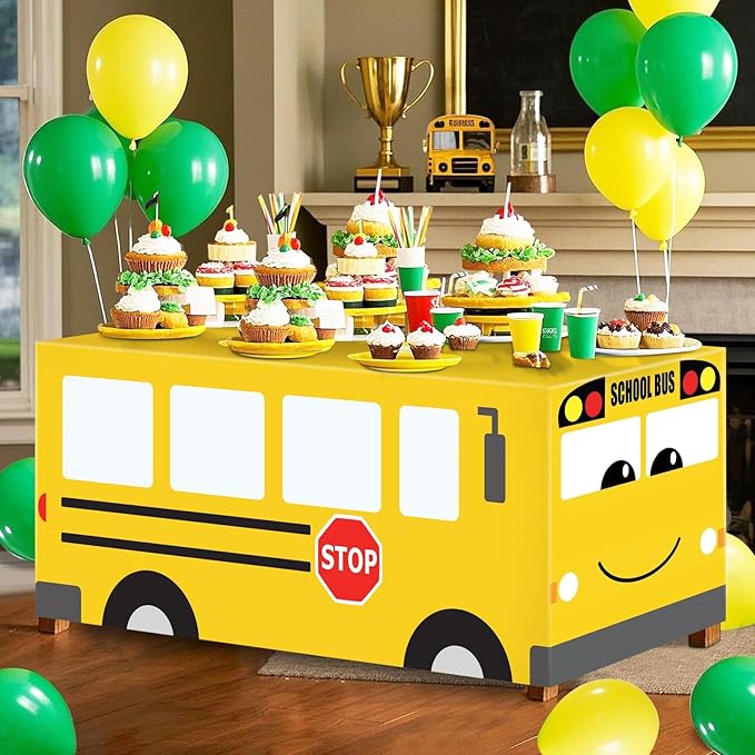 Cumule School Bus Tablecloth Cover First Day of School Party Table Cloth Cartoon School Bus Theme Party Birthday Decoration Washable Polyester Rectangle Table Cover Decor for Party Back to School Day