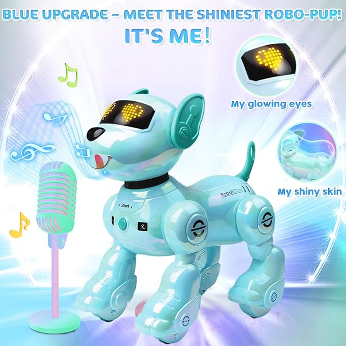 VATOS New Kids Smart Remote Control Robot Dog,17 Fun Interactive Functions Intelligent Programmable Kid Robotic Puppy with 2 Batteries, Singing Dancing Walking Robot Dog Toy for Kids 3-8 Year Blue