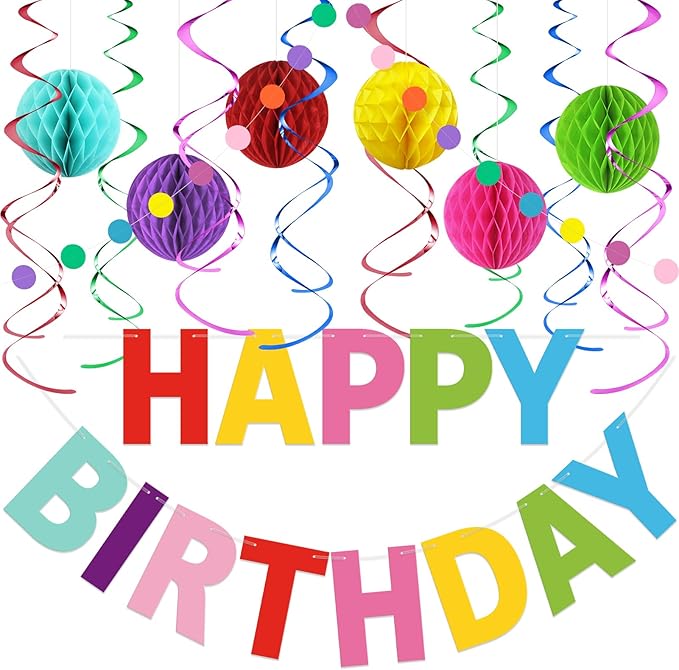 Colorful Birthday Decorations Kit - 16-Piece Set with Pre-Strung Happy Birthday Banner, Honeycomb Balls, Garland & Swirls | Rainbow Theme Party Supplies for Women Men Kids, Teens Adults