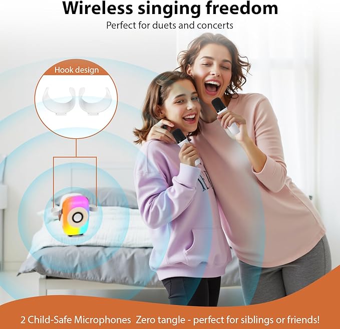 Kids Karaoke Machine, Bluetooth Mini Portable Karaoke Machine, with 2 Wireless Microphone and Speaker, Toys for All Smartphones, Birthday, Family, Home Party (White)