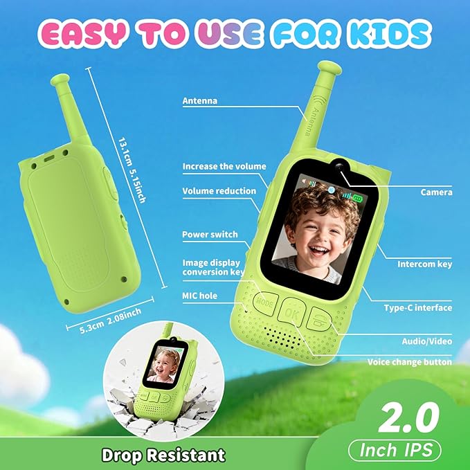 Kids Audio/Video Walkie Talkies, 2 Pack Rechargeable Walkie Talkies for Kids with 2’’ Screen & Camera & Voice Changer, Long Range Boys Girls Toys for Indoor Outdoor Camping Hiking Games (Green/Green)