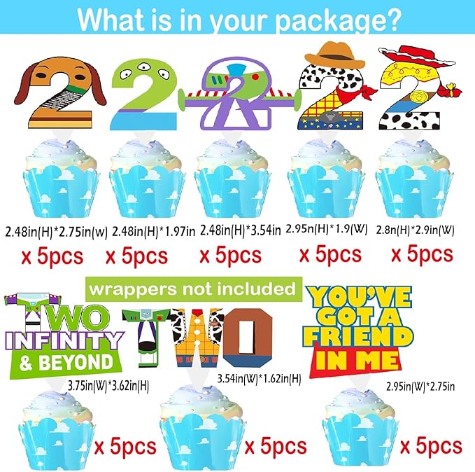 Two 2 Infinity & Beyond Birthday Decorations Cartoon Story Party Supplies 2nd Birthday include Backdrop Banner Cake Cupcake Toppers highchair Two Banner Balloons Arch Kits Tablecloth