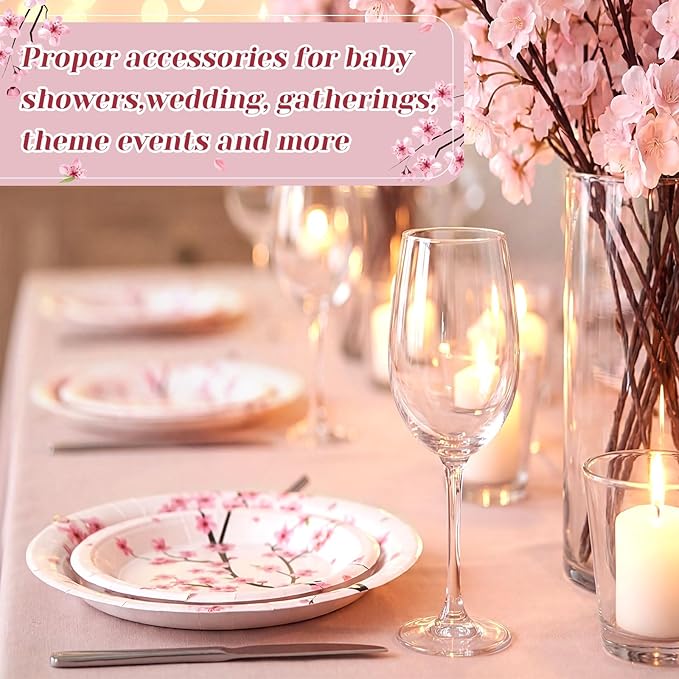 60 Pcs Cherry Blossom Paper Plates 9 in and 7 in Watercolor Pink Floral Party Decorations Plates Disposable Dinner Tableware for Bridal Shower Wedding Tea Summer Birthday Supplies