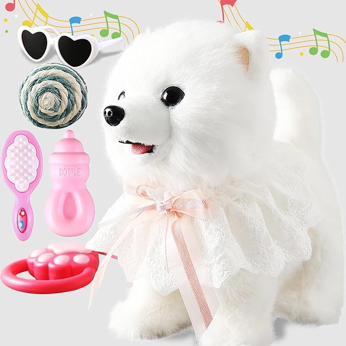 Walking Barking Singing Samoyed Puppy Toy, Repeats What You Say, Realistic Licking Tongue Wagging Tail Mechanical Dog with Touch or Voice Control, Interactive Music Dancing Plush Pet for Kids