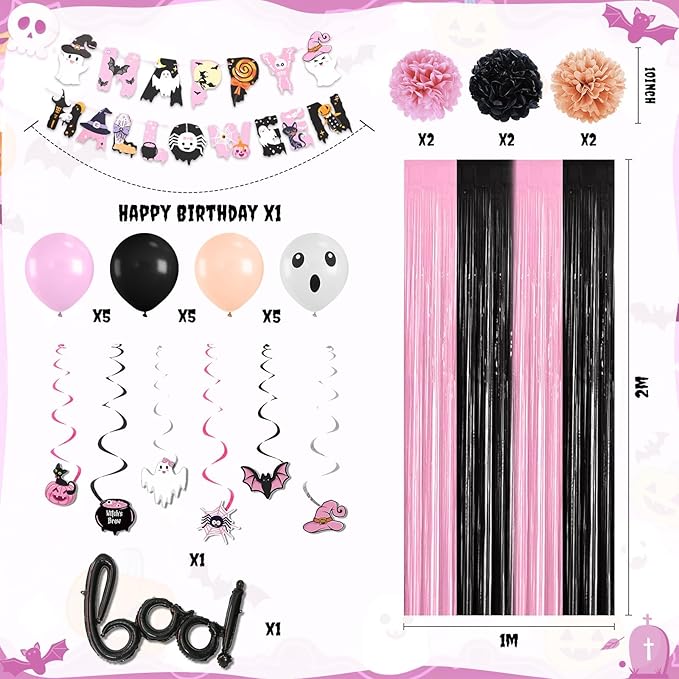 Pink Halloween Party Decorations Set,Include HAPPY HALLOWEEN Banner,Foil Balloons,Cute Hanging Swirl,Fringe Curtain,Paper Pompoms Indoor Outdoor Halloween Party Supplies