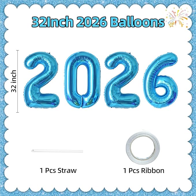 KALOR 32 Inch 2026 Blue Foil Number Balloons, 2026 New Years Decorations for 2026 Happy New Year Eve and Graduations Party Supplies